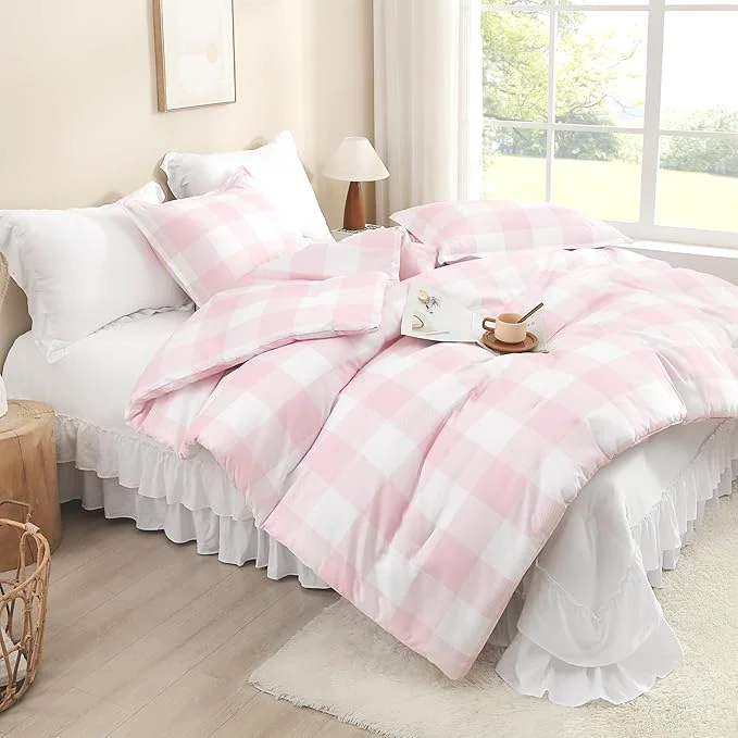 Stylish Andency Pink Checkered Comforter Queen 90x90Inch Plaid Gingham Buffalo Plaid Grid Bedding Sets for Girls Kids Women Kids Teens 3 Pieces Lightweight Polyester Geometric Preppy Bed Set Original