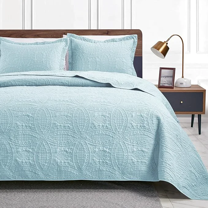 Casual Love 39 s cabin Quilts for Full Bed Spa-Blue Bedspreads Bedding Set – Lightweight Bedspread Comforter – Coin Pattern Bedding Coverlet for All Season – 3 Pieces 1 Quilt 2 Pillow Shams Exclusive