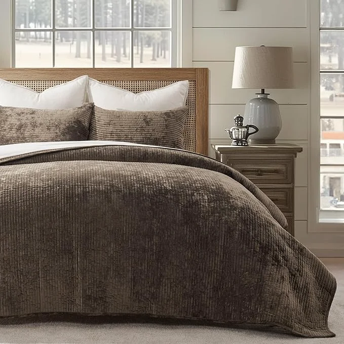 Fine Crafted EVERGRACE Velvet Quilt Set Queen Size Luxurious Soft Quilted Bedding Sets Lightweight Velvet Comforter for All Season Striped Channel Bedspread Coverlet with 2 Shams Mushroom Brown Expertly Made