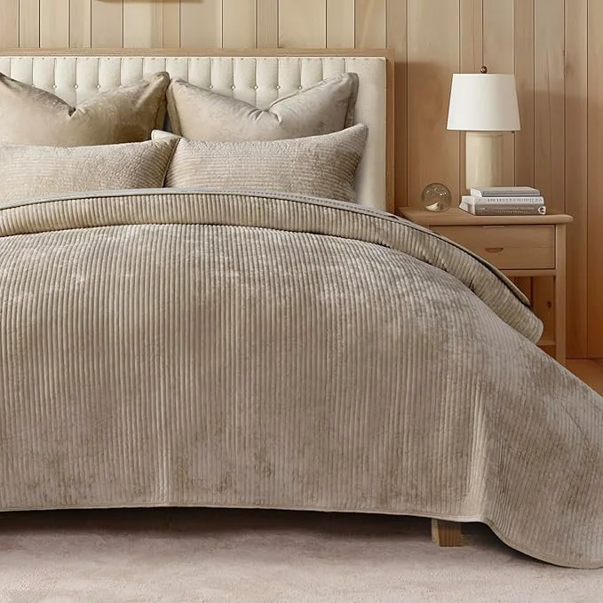 Functional EVERGRACE Velvet Quilt Set Queen Size Luxurious Soft Quilted Bedding Sets Lightweight Velvet Comforter for All Season Striped Channel Bedspread Coverlet with 2 Shams Urban Taupe Refined