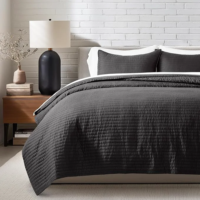 First-Class EVERGRACEHOME Cotton Sateen Quilt Set King Size Pre-Washed Cotton Channel Stitch Coverlet Bedspread 3 Pieces Lightweight Soft Bedding Sets for All Season with 2 Pillow Shams Washed Black Stylish