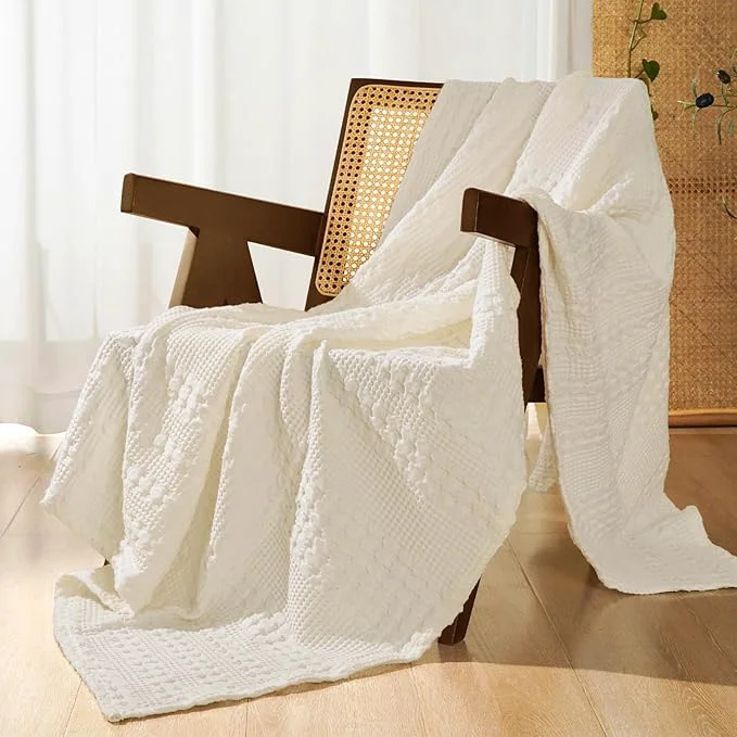 PHF Cotton Waffle Weave Throw Blanket Soft Lightweight Breathable Cozy Throws for Couch Bed Sofa Luxury Aesthetic Blanket Gift for Home Decor amp Office 50 quot x60 quot Ivory Elegant