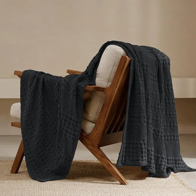 Genuine PHF Cotton Waffle Weave Throw Blanket Soft Lightweight Breathable Cozy Throws for Couch Bed Sofa Luxury Aesthetic Blanket Gift for Home Decor amp Office 50 quot x60 quot Black Pure