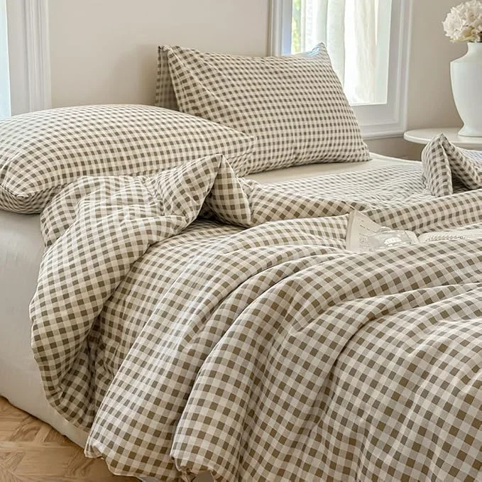 Minimalist NSNLGSGC Tan Gingham Cotton Comforter Set Queen Washed Cotton Taupe Plaid Checked Comforter Bedding 3 Pieces Vintage Farmhouse Grid Bedding Set Tan Gingham Queen Proven