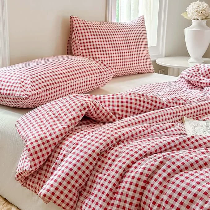 Elite NSNLGSGC Red Gingham Cotton Comforter Set King Washed Cotton Red Plaid Checked Comforter Bedding 3 Pieces Vintage Farmhouse Grid Bedding Set Red Gingham King Refined
