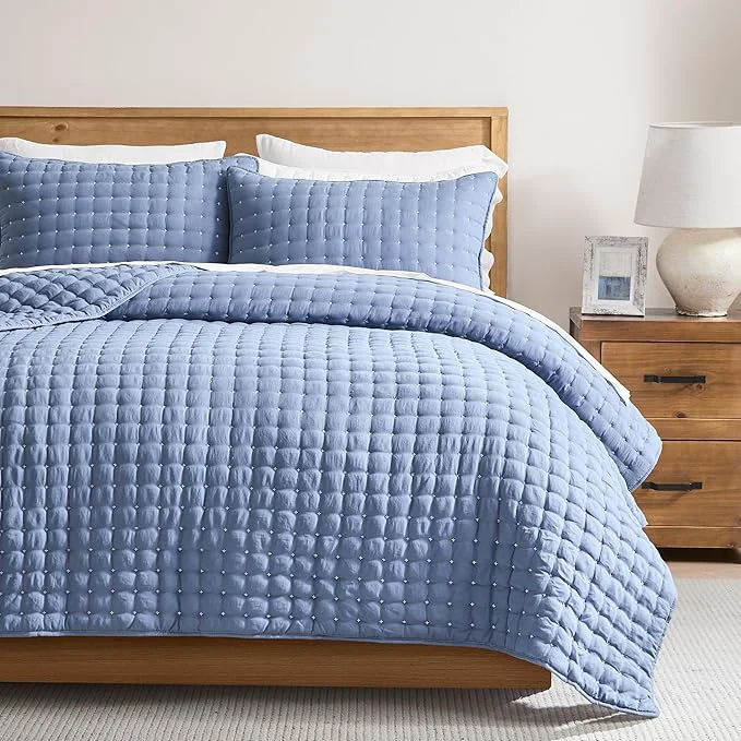 Specialty WDCOZY Blue King Size Quilt Bedding Sets with Pillow Shams Lightweight Soft Bedspread Coverlet Quilted Blanket Thin Comforter Bed Cover All Season Summer Spring 3 Pieces 104×90 inches Expertly Made