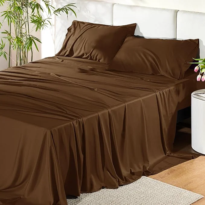 Easy-to-Use Bedsure California King Sheet Sets Cooling Sheets for Hot Sleepers Rayon Derived from Bamboo PureWoven Breathable amp Soft Deep Pocket Up to 16 Inches Hotel Luxury Silky Bedding Brown Secure