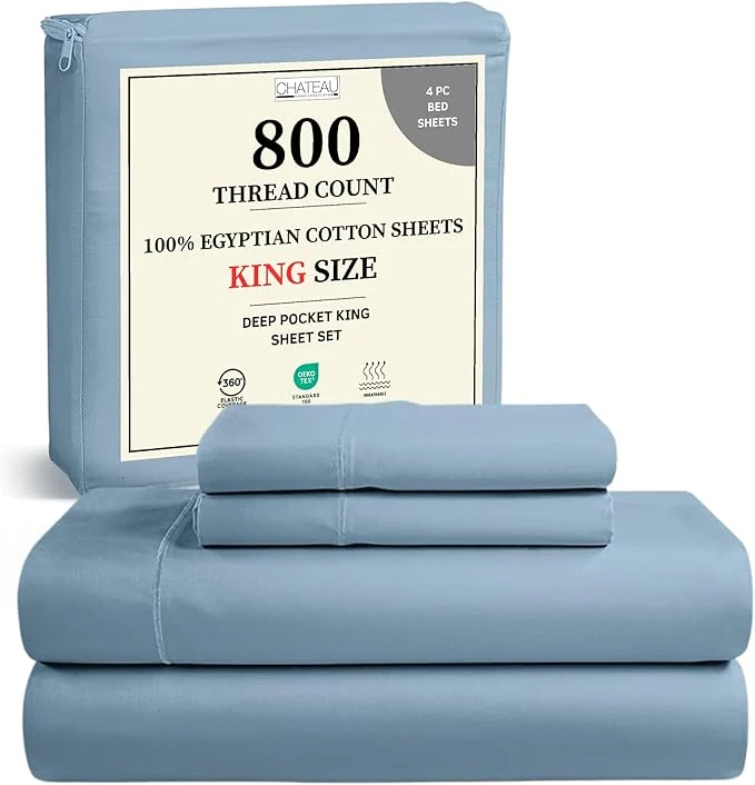 Trendy Egyptian Cotton Sheets For King Size Bed 800 Thread Count Sateen Weave 15 quot Deep Pocket King Sheet Set Sheet amp Pillowcase Sets No Pill Soft amp Comfy Naturally Cool amp Breathable – French Blue Certified