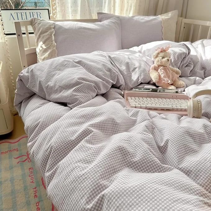 Artisan Purple Gingham Full Comforter Sets Boho Fluffy Bedding Set Plaid Cute Lightweight Down Bedding Comforter Set Microfiber Cozy Lace-Trimmed Farmhouse Comforter with 2 Pillowcases High-Quality