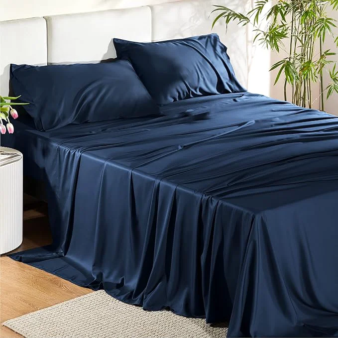 Elegant Bedsure Queen Sheet Set Rayon Derived from Bamboo Cooling Sheets PureWoven Breathable amp Soft Deep Pocket Up to 16 Inches Hotel Luxury Silky Bedding for Hot Sleepers Navy Casual