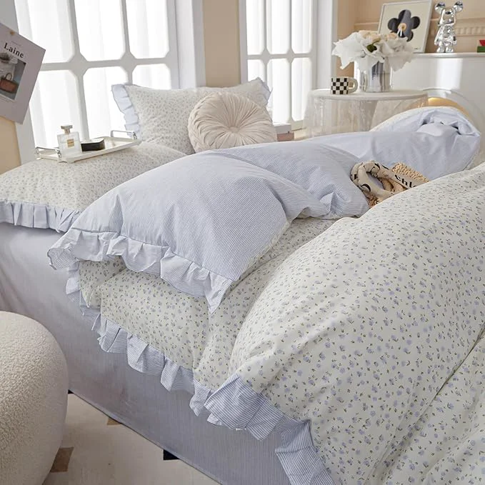 Blue Floral Queen Size Comforter Sets Ruffle Lightweight Bedding Set Boho Fluffy Cute Down Bedding Comforter Set Cozy Farmhouse Microfiber Blue Striped Comforter with 2 Pillowcases Detailed