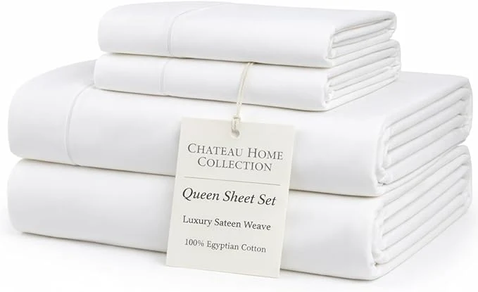 Natural Egyptian Cotton Sheets Queen Size Bed Set 15 quot Deep Pocket Queen Sheet set Sateen Cotton Bed Sheet Cool Soft Breathable No Pill Elasticated Luxury White Bedding For All Seasons Exceptional