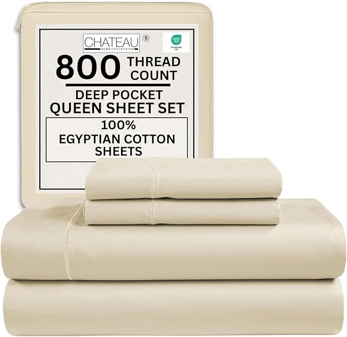 Efficient 800TC Egyptian Cotton Bedding Sheets amp Pillowcases – Queen Sheet Set – Soft Durable and Luxurious 4PC Sateen Weave Ivory Bed Sheets for Queen Size Bed No Pill amp Shrink Thick Machine Washable Sophisticated