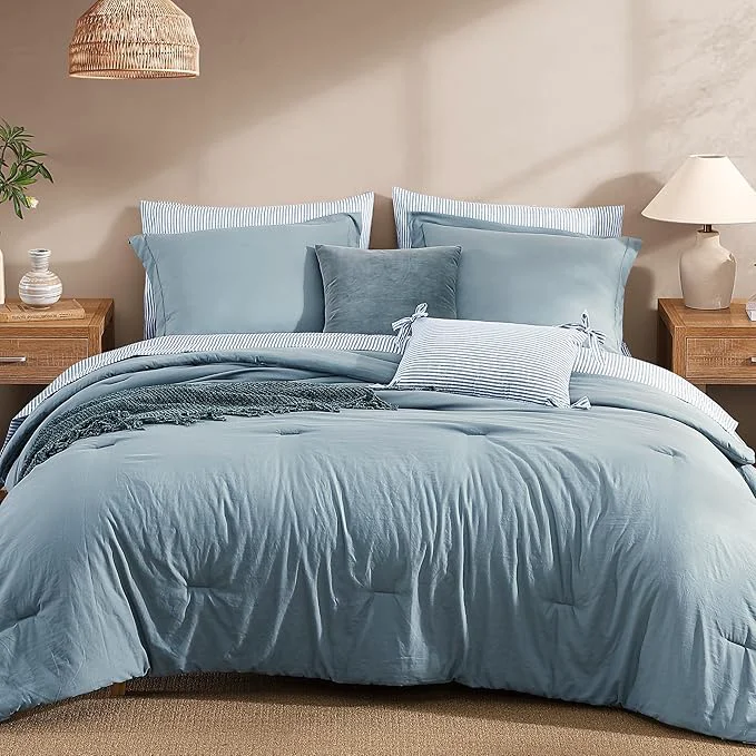 Comfortable Monbix California King Size Comforter Set – 7 Pieces Dusty Blue Prewashed Bed in a Bag Bedding Sets with Comforters All Seasons Ultra Soft Comforter Bed Set with Sheets Pillowcases amp Shams Sustainable