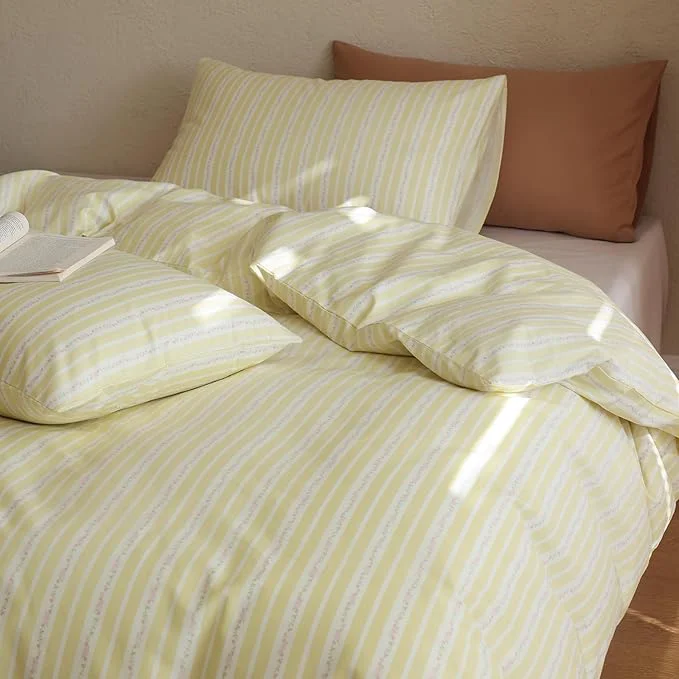 Relaxed Floral Comforter King Yellow Striped Bedding Set Fluffy Cotton Down Girls Bedding Comforter Sets Cozy Boho Stripe Light Weight Bed Comforter with 2 Pillowcases Effective
