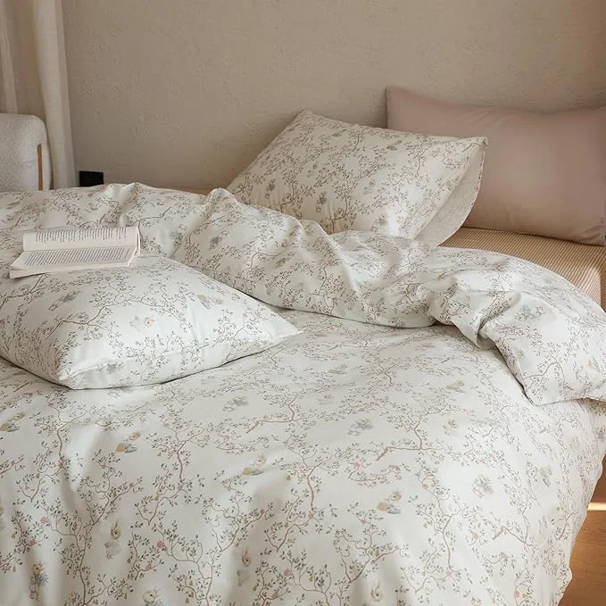 Optimized Floral Comforter Set King Size Boho Fluffy Bedding Set Cotton Down Girl Farmhouse Bedding Comforter Sets Chic Soft Lightweight Breathable Bed Comforter with 2 Pillowcases Pure