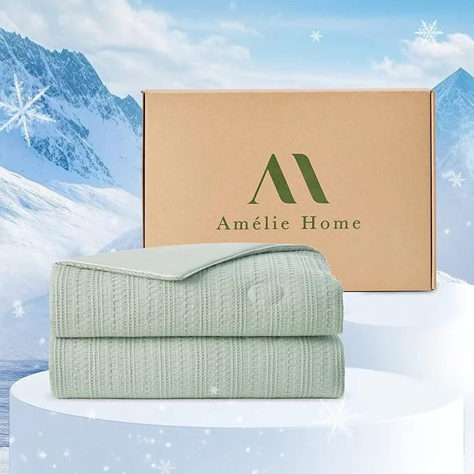 Contemporary Amélie Home Waffle Cooling Comforter Queen Size Q-Max 0.45 Reversible Lightweight Cooling Blanket for Hot Sleepers Breathable Bedding for Night Sweats 90 quot x90 quot Sage Green Advanced