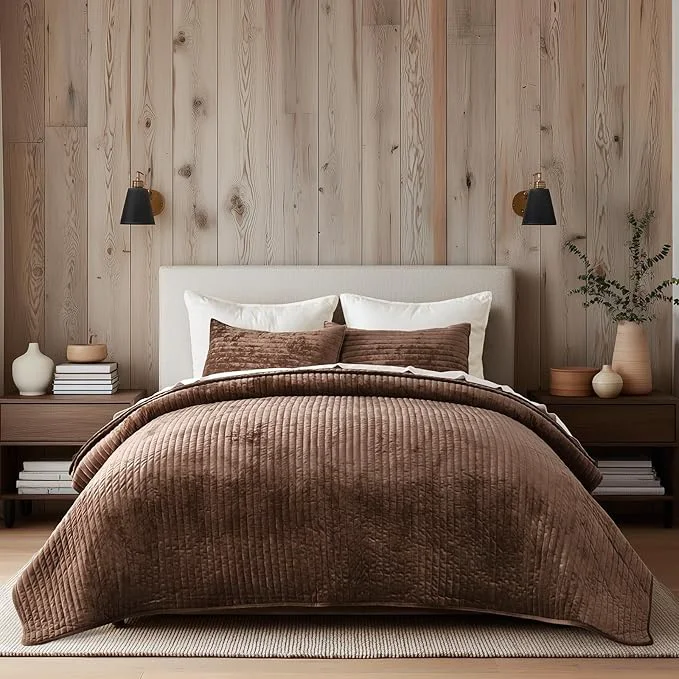 Exceptional EVERGRACE Velvet Quilt Set Queen Size Luxurious Soft Striped Channel Bedding Set Lightweight Velvet Comforter for All Season Oversized Bedspread Coverlet with 2 Matching Shams Rust Brown Outstanding