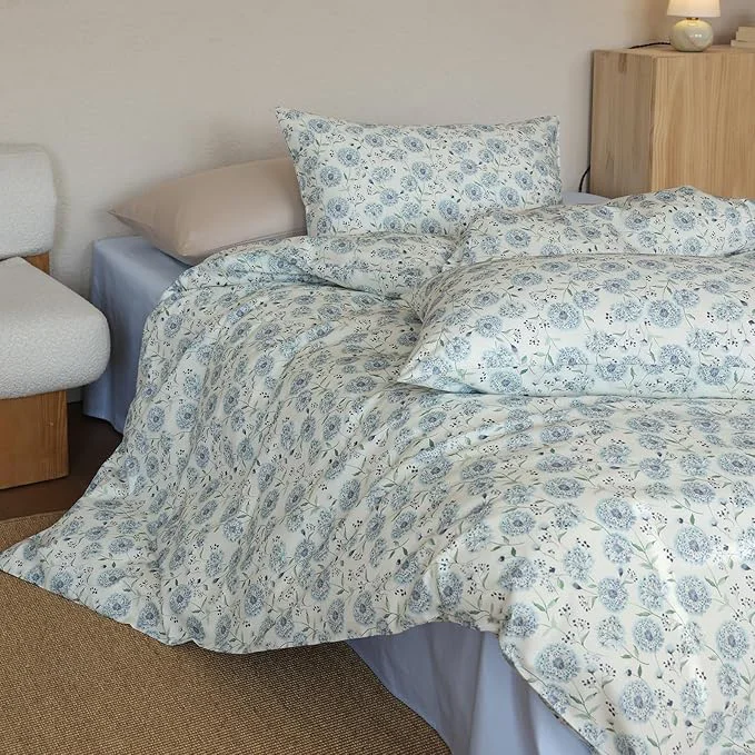 Solid Floral Full Size Comforter Sets Down Boho Bedding Set Cotton Cute Fluffy Lightweight Bedding Comforter Sets for Girls Soft Puffy Teen Bed Comforter with 2 Pillowcases Easy-to-Use