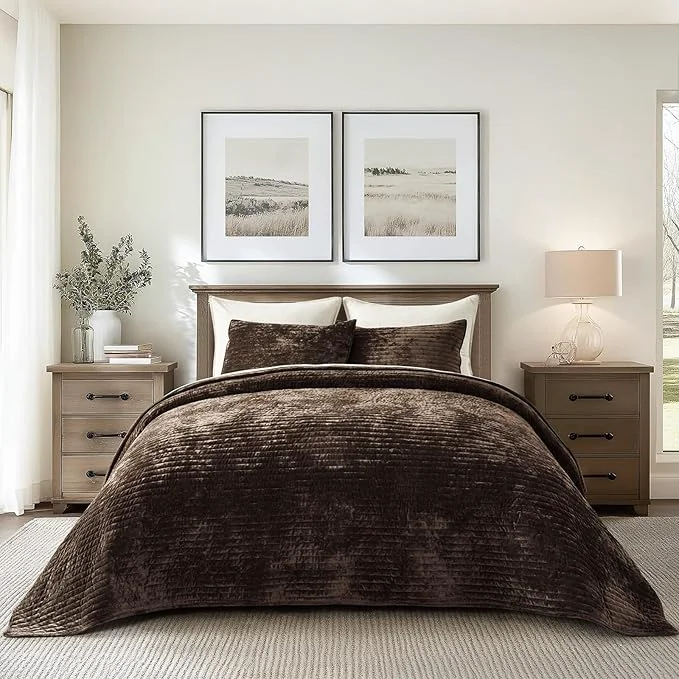 Durable EVERGRACE Velvet Quilt Set King Size Luxurious Soft Striped Channel Bedding Set Lightweight Velvet Comforter for All Season Oversized Bedspread Coverlet with 2 Matching Shams Walnut Brown Trusted