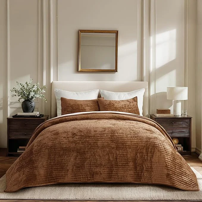 Reusable EVERGRACE Velvet Quilt Set California King 118 39 39 x 106 39 39 Luxurious Soft Striped Channel Bedding Set Lightweight Velvet Comforter for All Season Oversized Bedspread Coverlet w 2 Shams Dark Brown Fashionable