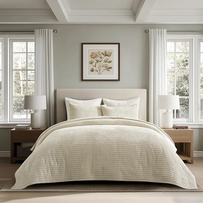 Recyclable EVERGRACE Velvet Quilt Set California King 118 39 39 x 106 39 39 Luxurious Soft Striped Channel Bedding Set Lightweight Velvet Comforter for All Season Oversized Bedspread Coverlet w 2 Shams Beige Advanced