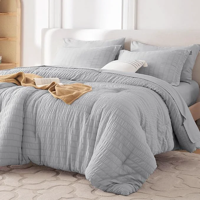 Sustainable MUXHOMO 7 Pieces King Comforter Set Seersucker Bed in a Bag King Size All Season Luxury Bedding Set with Comforter Flat Sheet Fitted Sheet Pillowcases amp Shams Light Grey Functional