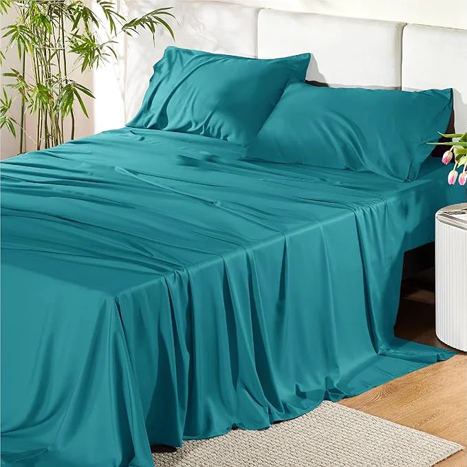 Premium Material Bedsure Full Size Bed Sheets Cooling Sheets Rayon Derived from Bamboo PureWoven Breathable amp Soft Deep Pocket Up to 16 Inches Hotel Luxury Silky Bedding for Hot Sleepers Turquoise Fine Crafted