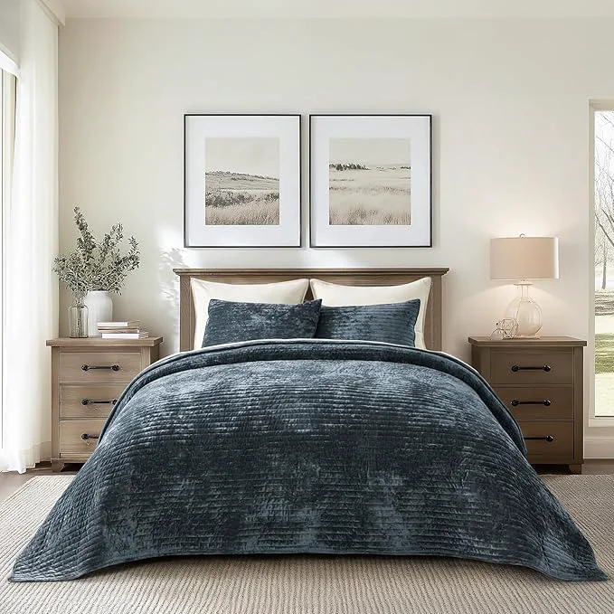 Durable EVERGRACE Velvet Quilt Set King Size Luxurious Soft Striped Channel Bedding Set Lightweight Velvet Comforter for All Season Oversized Bedspread Coverlet with 2 Matching Shams Stormy Blue Healthy