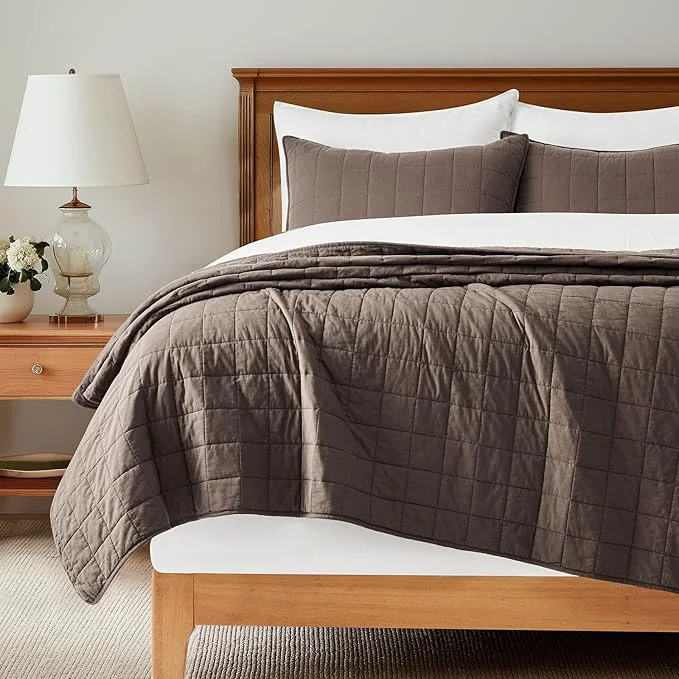 Exclusive EVERGRACEHOME Cotton Box Stitch Quilt Bedding Set King Size 3 Pieces Garment-Washed Lightweight Soft Cozy Coverlet Oversized Quilted Bedspread Sets with 2 Shams for All Season Cocoa Brown Durable
