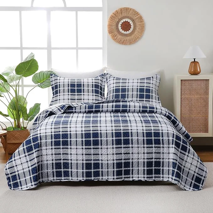 World-Class Plaid Quilt Set Queen Size – Ultra Soft Gingham Bed Quilts with 2 Pillow Shams Lightweight Reversible Striped Quilted Bedspreads Coverlet 3 Pieces for Summer 90 quot ×90 quot Blue White
