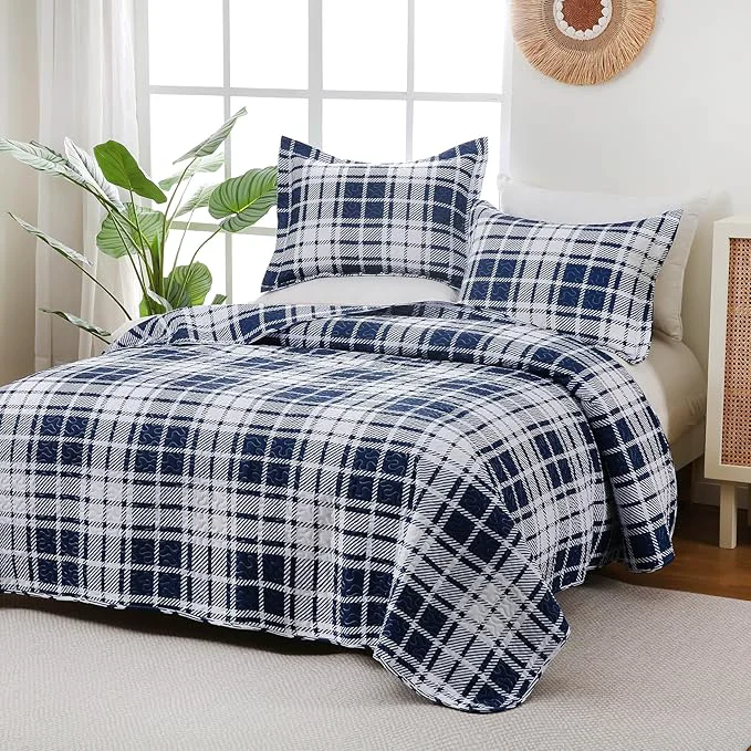 Efficient Plaid Quilt Set King Size – Ultra Soft Gingham Quilts Bedding Set with 2 Pillow Shams Lightweight Reversible Striped Quilted Bedspread Coverlet 3 Pieces for Summer 104 quot ×90 quot Blue White Optimized