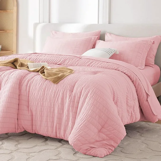 Environmentally Friendly MUXHOMO 5 Pieces Twin Comforter Set Seersucker Bed in a Bag Twin Size All Season Luxury Bedding Set with Comforter Flat Sheet Fitted Sheet Pillowcase amp Sham Pink Reliable