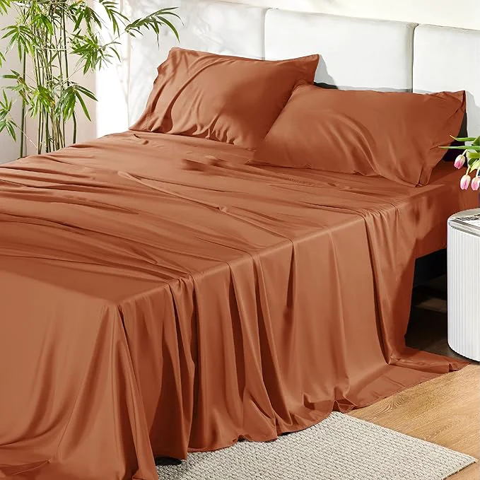 Fine Bedsure Queen Sheet Set Rayon Derived from Bamboo Cooling Sheets PureWoven Breathable amp Soft Deep Pocket Up to 16 Inches Hotel Luxury Silky Bedding for Hot Sleepers Burnt Orange Reliable