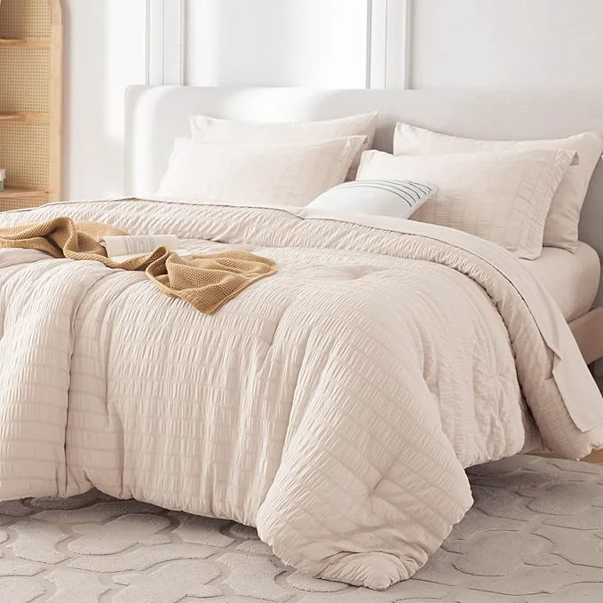 Clean MUXHOMO 7 Pieces Full Comforter Set Seersucker Bed in a Bag Full Size All Season Luxury Bedding Set with Comforter Flat Sheet Fitted Sheet Pillowcases amp Shams Beige Selected