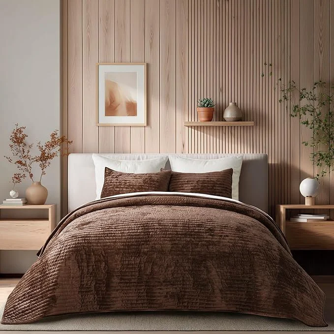 Crafted EVERGRACE Velvet Quilt Set King Size Luxurious Soft Striped Channel Bedding Set Lightweight Velvet Comforter for All Season Oversized Bedspread Coverlet with 2 Matching Shams Rust Brown Excellent