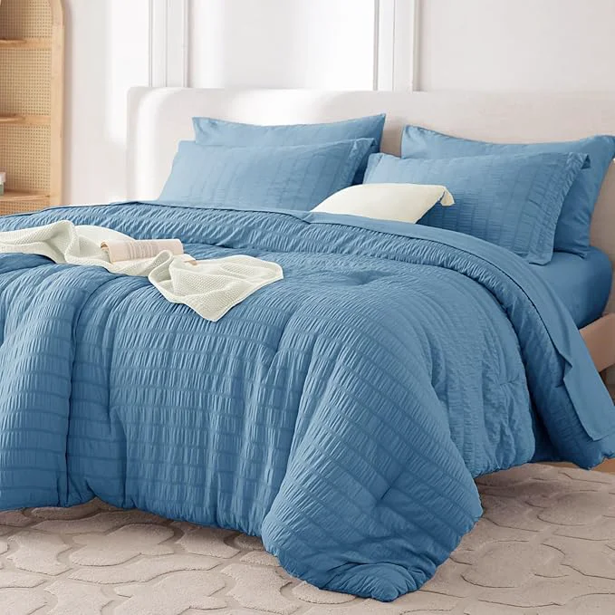 Clean MUXHOMO 7 Pieces Queen Comforter Set Seersucker Bed in a Bag Queen Size All Season Luxury Bedding Set with Comforter Flat Sheet Fitted Sheet Pillowcases amp Shams Mineral Blue Quality
