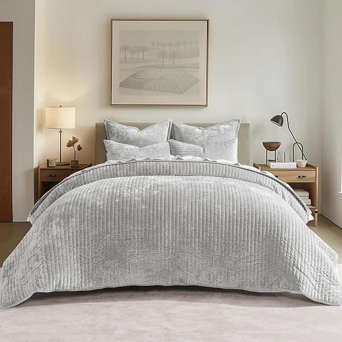 Optimized EVERGRACE Velvet Quilt Set Queen Size Luxurious Soft Striped Channel Bedding Set Lightweight Velvet Comforter for All Season Oversized Bedspread Coverlet with 2 Matching Shams Frost Gray Safe