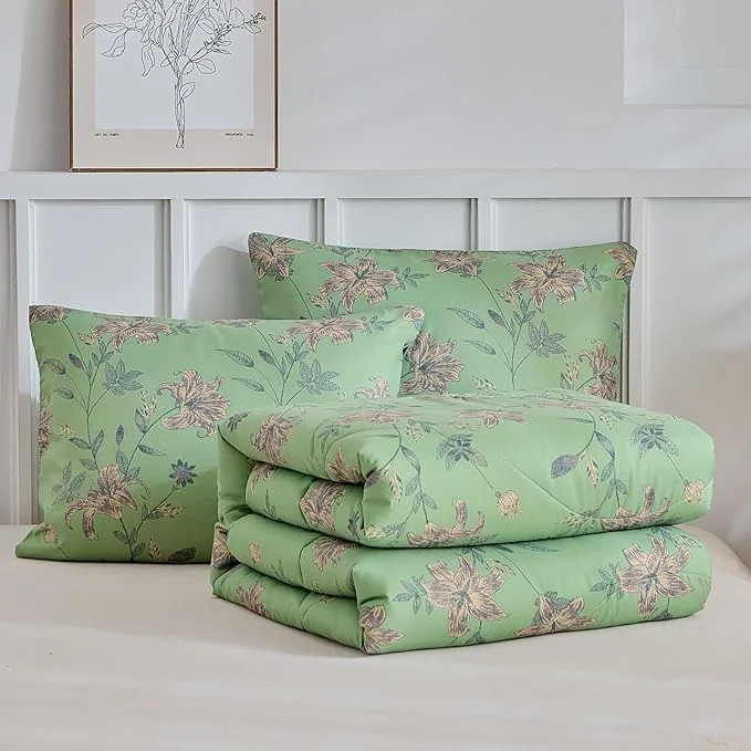 High-Grade VM VOUGEMARKET Girls Green Floral Full Comforter Set Boho Soft Microfiber Bedding Comforter Set 1 Green Flower Comforter and 2 Pillowcases Chic Vintage Garden Botanical Comforter Set 80 quot x90 quot Innovative