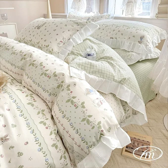 Original Design VM VOUGEMARKET Twin Comforter Set with Flower Green Leaves Prints White Ruffle Bedding Down Comforter with 2 Pillow Shams Cute Rabbit Comforter Set for Kids 3pcs Twin XL Elegant