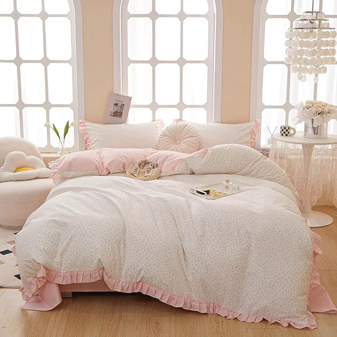 Refined VM VOUGEMARKET Pink Flower Comforter Set Twin XL 3 Pieces Ruffle Comforter with 2 Pillow Shams Romantic Princess Bedding Comforter Set for Teen Girls-68 x90 High-Grade