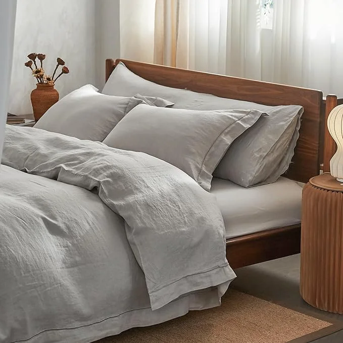 Versatile Simple amp Opulence Washed Linen Duvet Cover with Embroidered 2 Pieces Soft Farmhouse Comforter Set with Button Closure 1 Duvet Cover and 1 Pillowsham Twin Light Grey Healthy