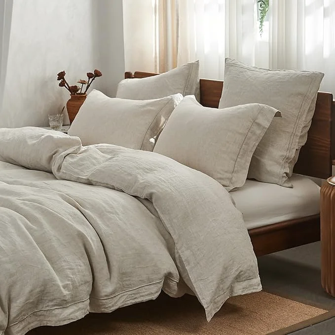 Fashionable Simple amp Opulence Washed Linen Duvet Cover Set with Embroidered 3 Pieces Soft Farmhouse Comforter Set with Button Closure 1 Duvet Cover and 2 Pillowshams King Natural Linen Premium Material