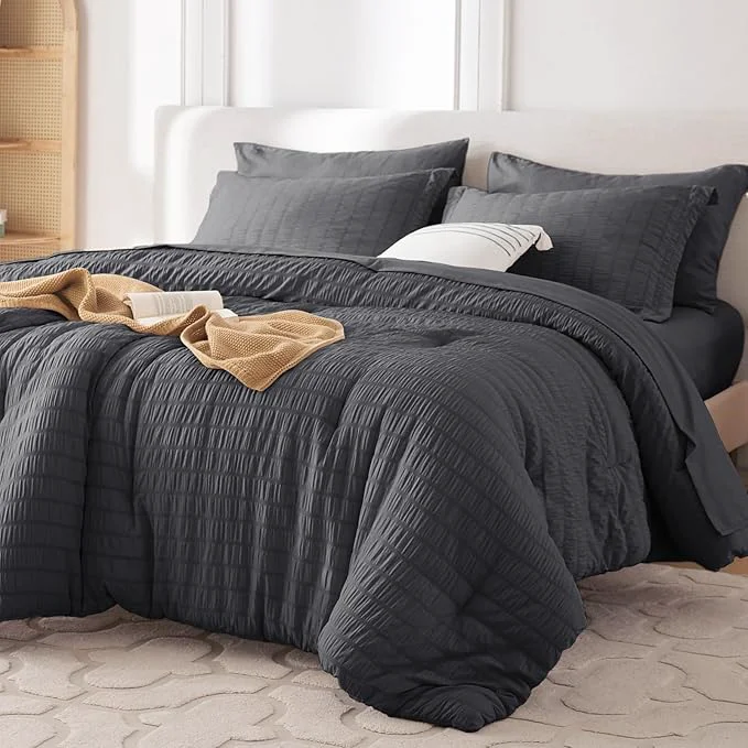 Functional MUXHOMO 5 Pieces Twin Comforter Set Seersucker Bed in a Bag Twin Size All Season Luxury Bedding Set with Comforter Flat Sheet Fitted Sheet Pillowcase amp Sham Dark Grey Clean