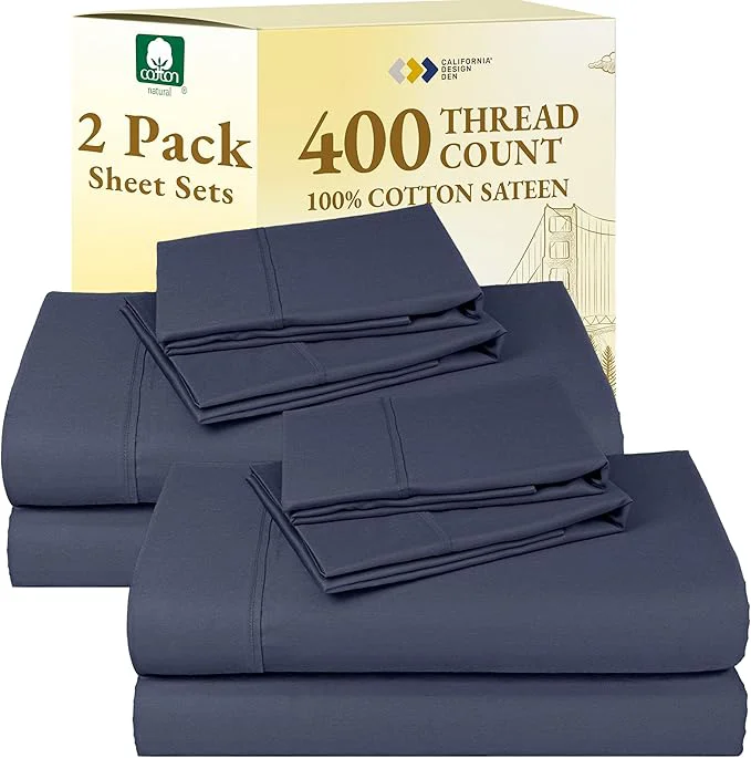 High-Quality California Design Den 2-Pack Sheet Sets Queen Size – 400 Thread Count Cotton Sateen – Soft and Breathable Sheets 2 Sets of Deep Pocket Bed Sheets – Indigo Dusty Blue Original Design