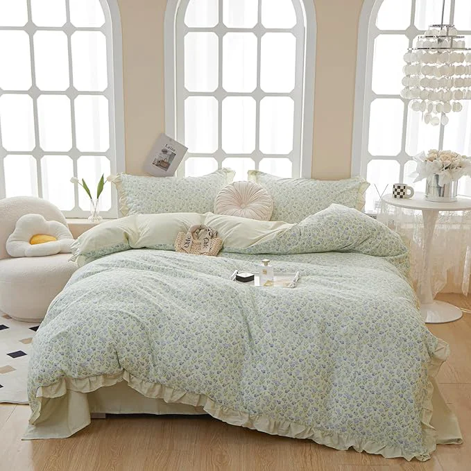 Authentic VM VOUGEMARKET Green Stripes Lace Comforter Set Full Reversible Ruffle Bedding Set Vintage Fresh Blue Flower Comforter with 2 Pillow Shams for Teen Girls 3pcs Full Outstanding