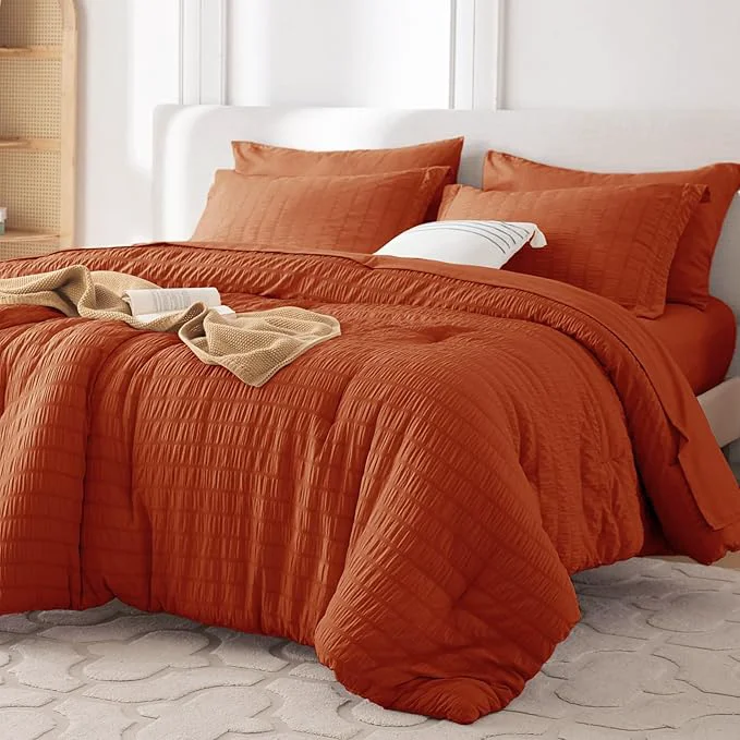 Certified MUXHOMO 7 Pieces King Comforter Set Seersucker Bed in a Bag King Size All Season Luxury Bedding Set with Comforter Flat Sheet Fitted Sheet Pillowcases amp Shams Burnt Orange Exceptional