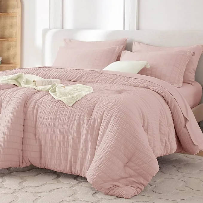 Safe MUXHOMO 7 Pieces California King Comforter Set Seersucker Bed in a Bag Cal King Size All Season Luxury Bedding Set with Comforter Flat Sheet Fitted Sheet Pillowcases amp Shams Rose Gold Exceptional