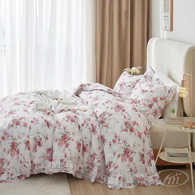 Safe Rose Red Flower Comforter Set Queen Size Romantic Girls Lace Comforter Set Soft Microfiber Botanical Bedding Comforter Set 1 Floral Ruffled Comforter with 2 Pillowcases Lightweight Comfy Casual