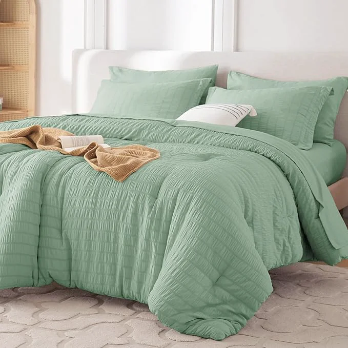 Outstanding MUXHOMO 7 Pieces King Comforter Set Seersucker Bed in a Bag King Size All Season Luxury Bedding Set with Comforter Flat Sheet Fitted Sheet Pillowcases amp Shams Sage Green Premium